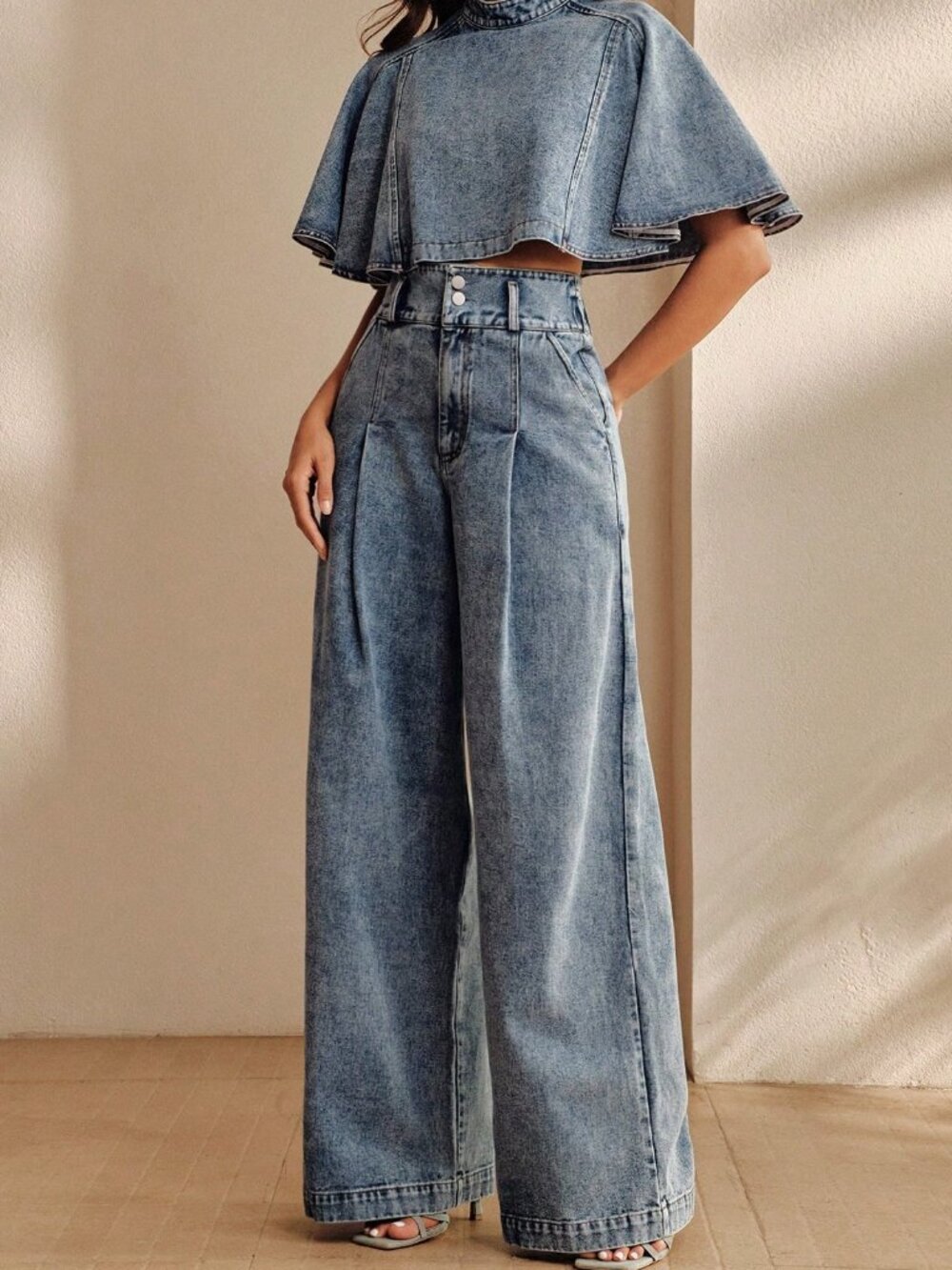 Blue Casual Women's Denim High Waist Wide Leg Pants & Short Sleeve Cape Set - Picture 4 of 7